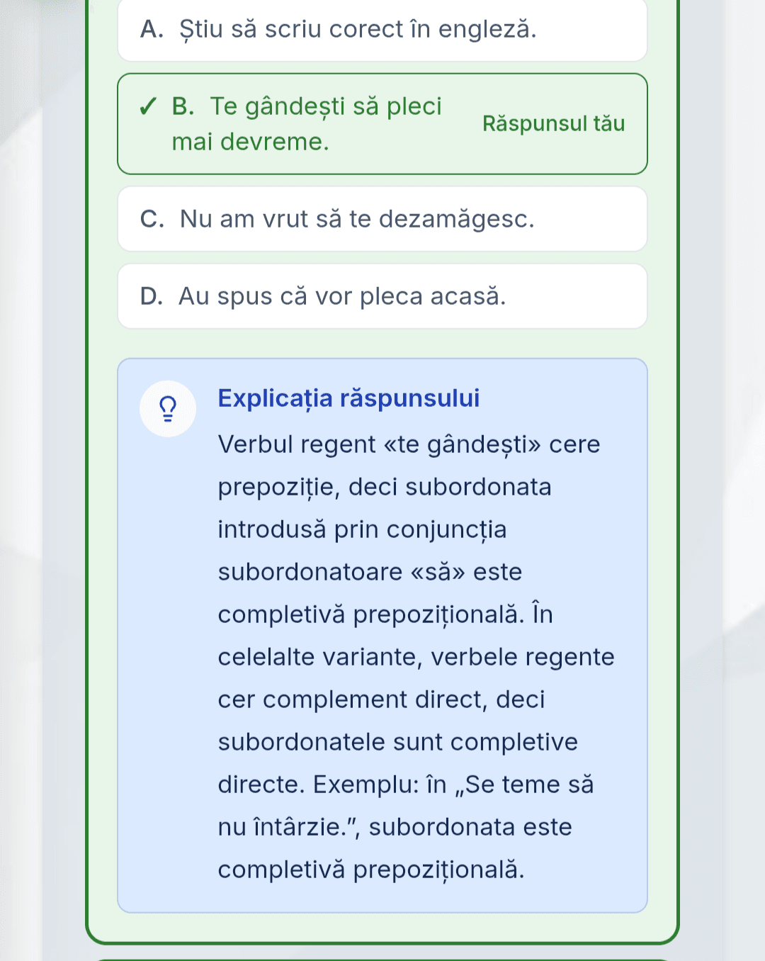 Testele grilă au acum explicații la fiecare cerință