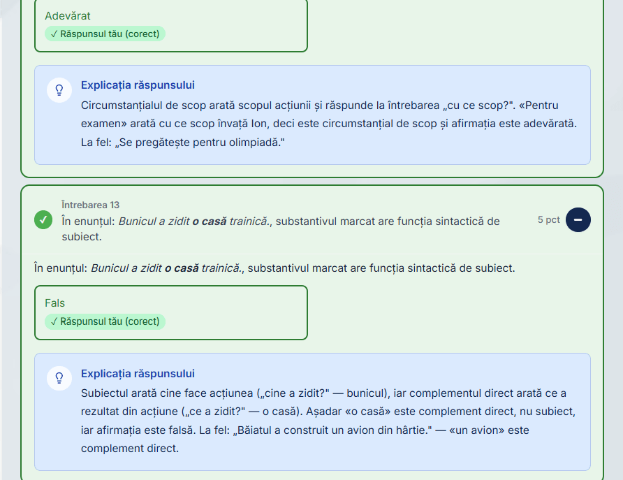 Testele adevărat/fals au acum explicații la fiecare cerință